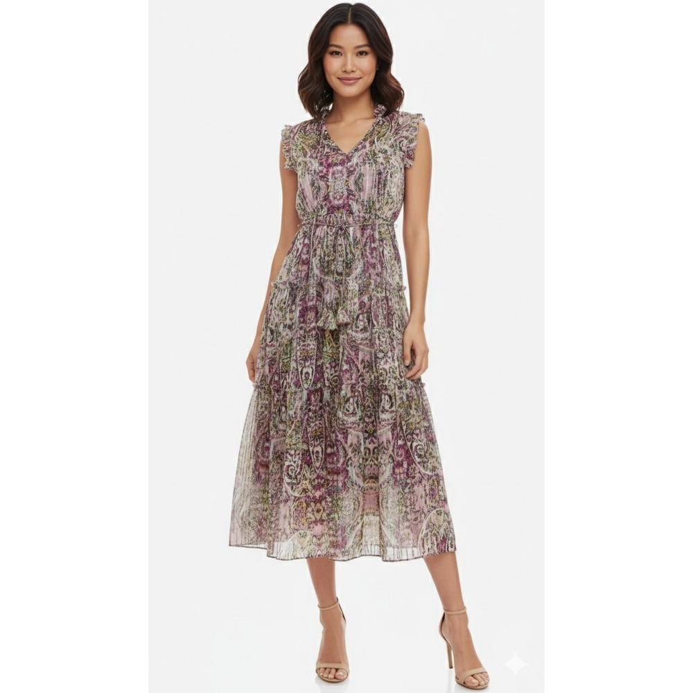 New Socialite Metallic Tiered Maxi Sundress S Boho Chic Dress Floral Cottagecore
